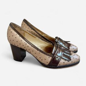 Pilar Abril Brown ostrich leather fring block heel loafers